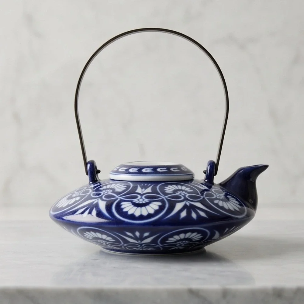 Bombay Arabesque Tile Teapot Blue White Ceramic Vintage 90s Tea Pot with Infuser